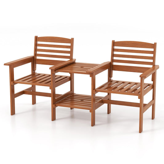 2-Seater Wooden Bench Seat with 2 Tier Coffee Table and Umbrella Hole