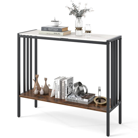 90 CM 2 Tier Industrial Console Foyer Table with Sintered Stone Tabletop