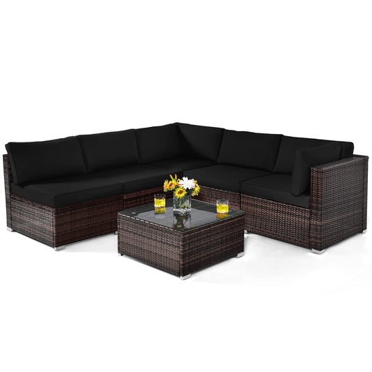 6 PCS Corner Patio Conversation Sofa Set with Tempered Glass Table and Cushions