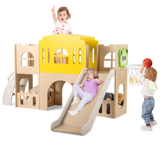 7-in-1 Toddler Slide Set with Ladder and Long Aisle Wooden Playground