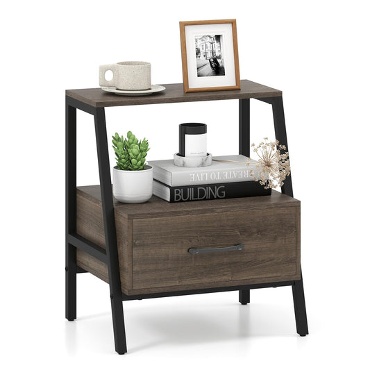 Farmhouse Nightstand End Sofa Side Table with Drawer and Storage Shelf