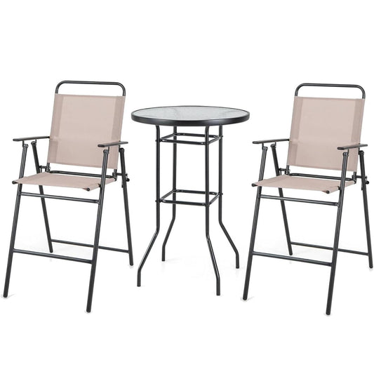 GiantexUK 3 Piece Bistro Set, Garden Dining Furniture Set with Round Bar Table and 2 Folding Chairs (Table+2 Beige Chairs)