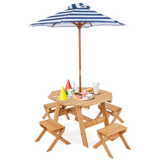 Wooden Kids Picnic Table and Benches Set with Foldable Parasol
