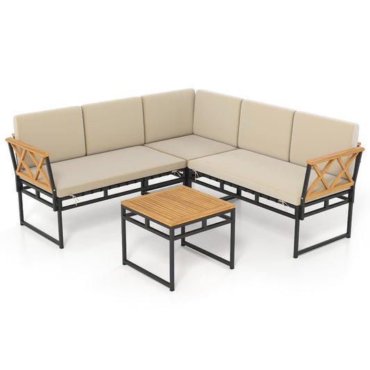 4 Piece Patio L-Shaped Sofa Set Acacia Wood Metal Sectional Sofa Set