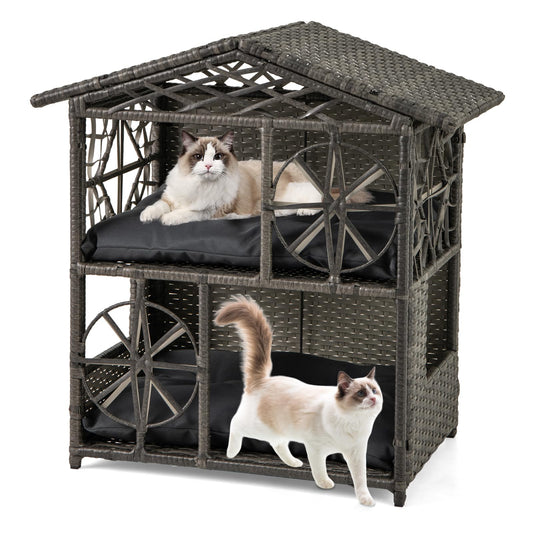 2-storey Wicker Cat House with Removable Cushions