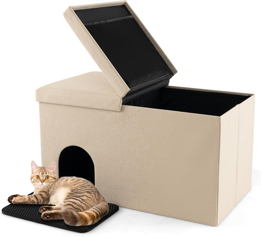3-in-1 Hidden Cat Washroom Ottoman Shoe Bench