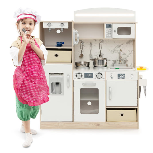 Kids Kitchen Playset with Adjustable LED Lights and Removable Shelves