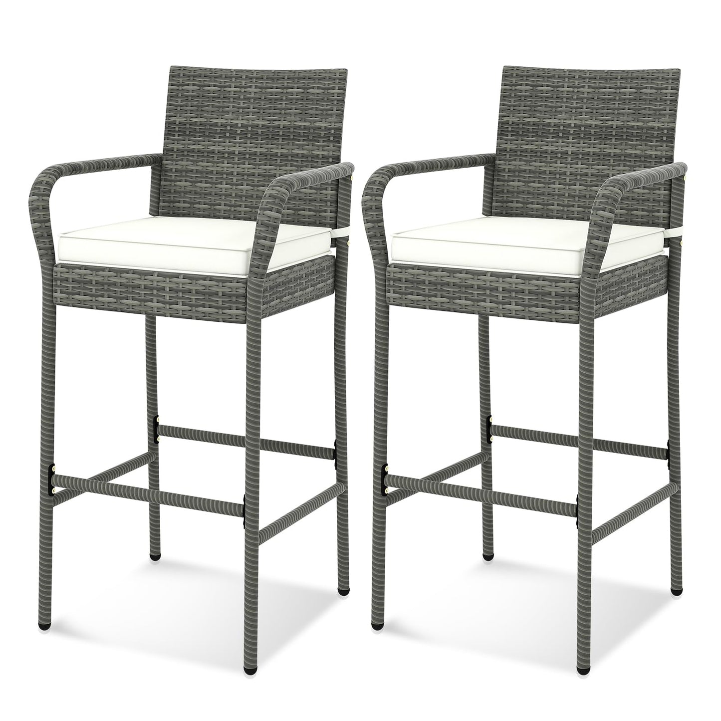 All Weather Outdoor Wicker Bar Stools Set with Soft Seat Cushions