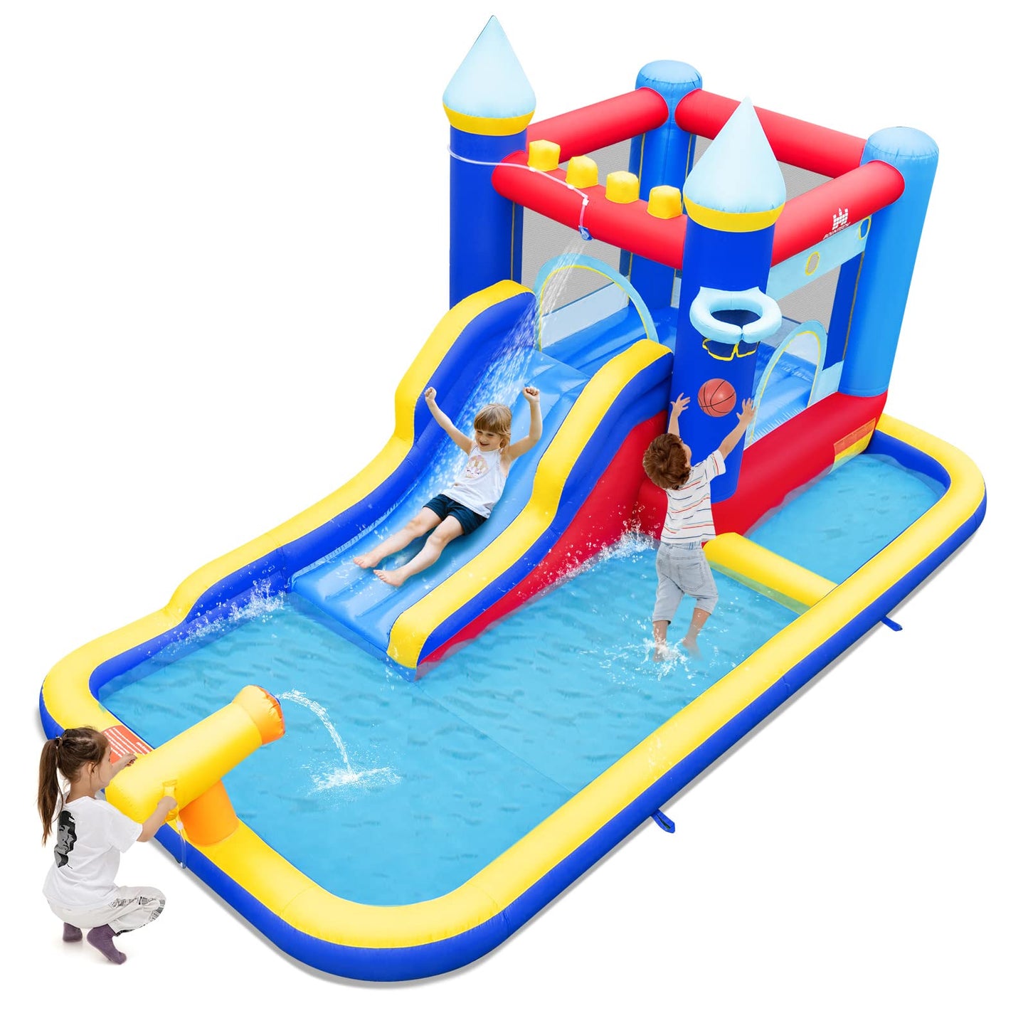 Inflatable Water Park with Basketball Hoop and Splashing Pool