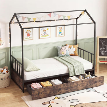 Kids Bed Frame, 3FT Single Size House Bed with Roof, 2 Drawers, Headboard & Footboard