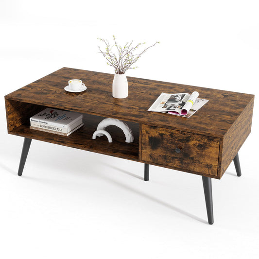 109cm Rectangular Wooden Coffee Table with Drawer and Storage Shelf