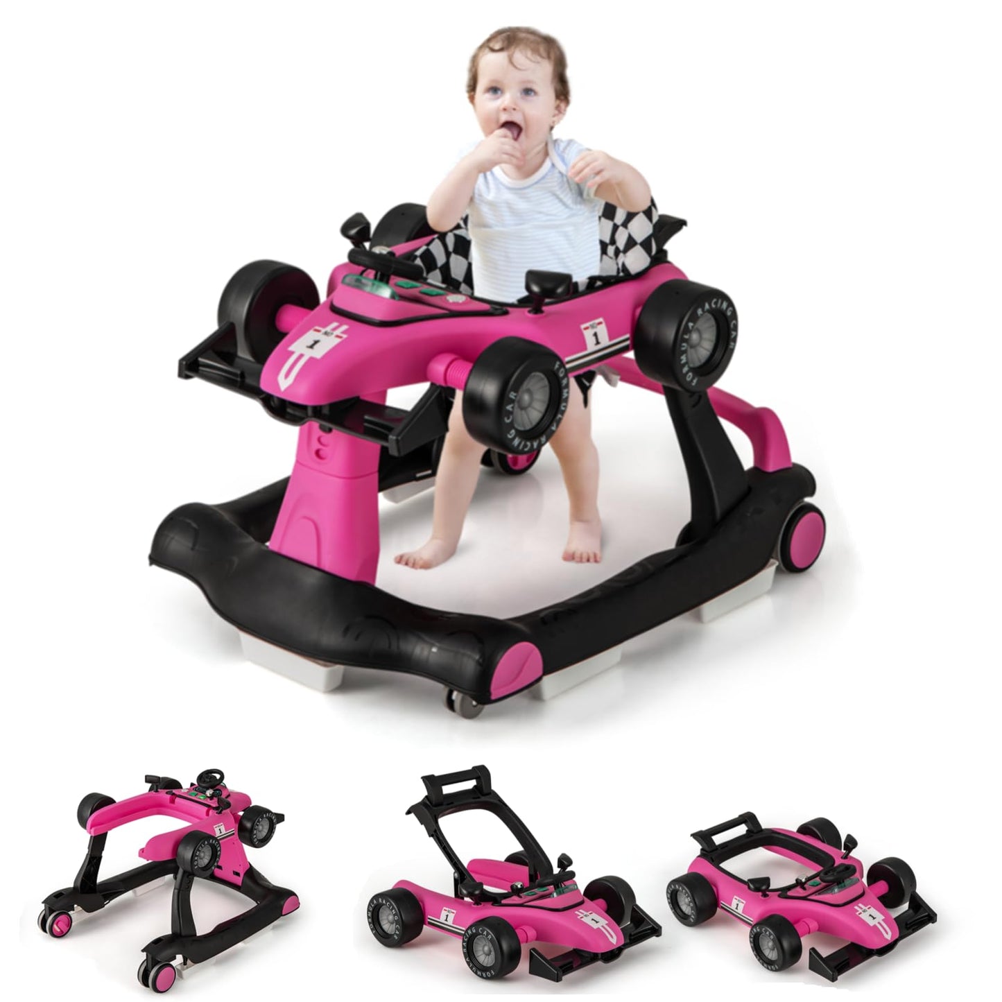 4-in-1 Baby Walker Foldable Push Along Walkers with Adjustable Height & Speed
