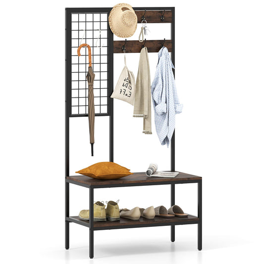 Freestanding Coat Rack with Shoe Storage Bench & Wall Grid Panel