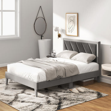 3FT/4FT6 Bed Frame, Single/Double Velvet Upholstered Platform Bed with Headboard
