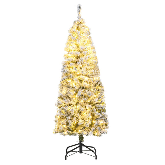 Pre-lit Snow Flocked Christmas Tree, Hinged Artificial Slim Pencil Xmas Tree with Lights