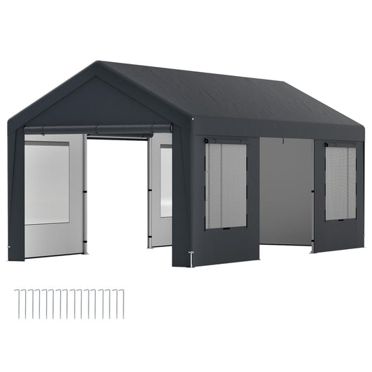 All-Weather Outdoor Car Shelter with 8 Removable Sidewalls and Roll-up Doors