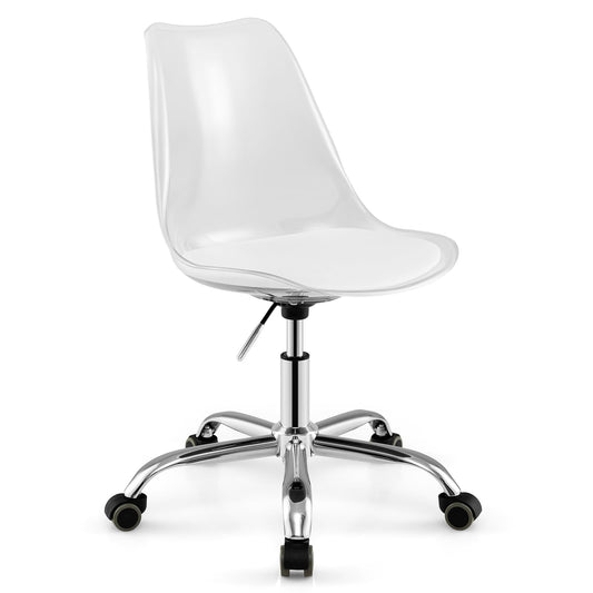 Clear Desk Chair Armless Rolling Acrylic Office Chair with Swivel Seat and PU Leather Cushion