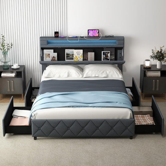 Modern Upholstered Bed Frame with Led Lights and Charging Station