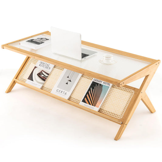 Tempered Glass Cocktail Tea Center Table with Rattan Magazine Storage Shelf