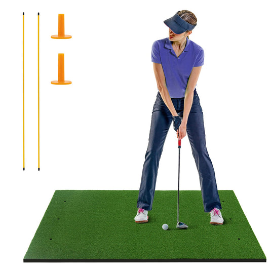 Golf Hitting Mat with 2 Rubber Tees and 2 Alignment Sticks