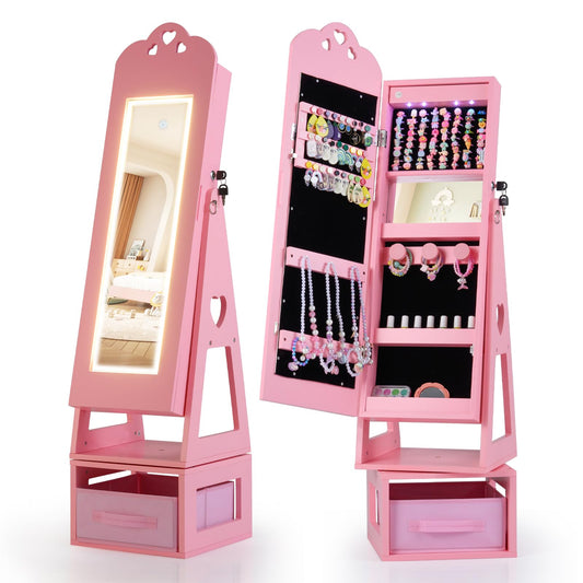 Swivel Kids Jewelry Cabinet with Full-Length Mirror and Lights