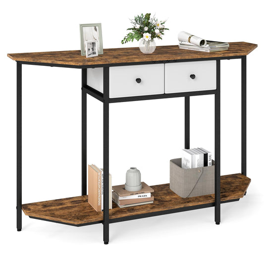 2-Tier Console Table Industrial Narrow Sofa Side Table with 2 Drawers and Shelf