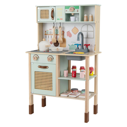 Kids Play Kitchen Wooden Pretend Kitchen Playset with Rattan Doors Wood Legs