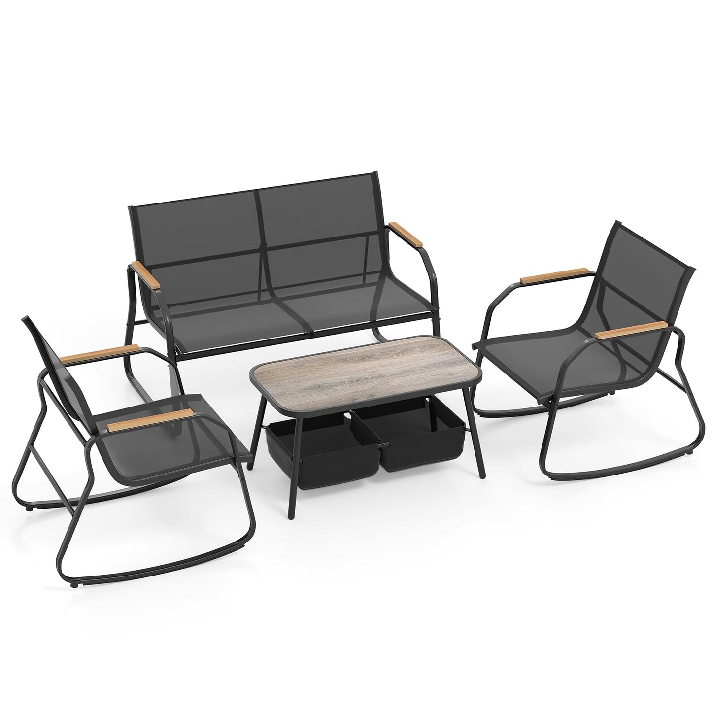 4-Piece Garden Metal Frame Patio Conversation Set with 2 Rocking Chairs