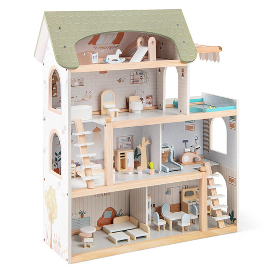 Wooden Dollhouse with 33 PCS Furniture Accessories for Girls and Boys
