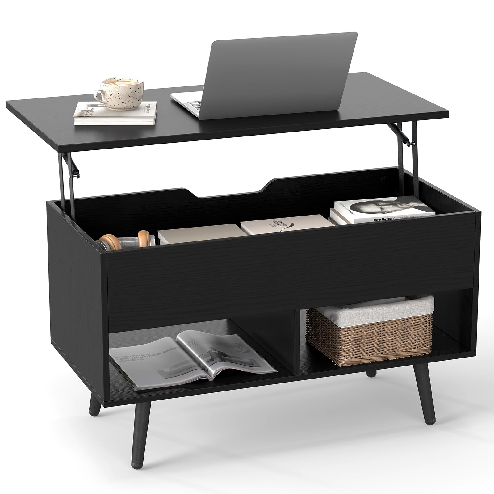 Lift Up Top Coffee Table with Hidden Storage Compartment and Open Shel ...