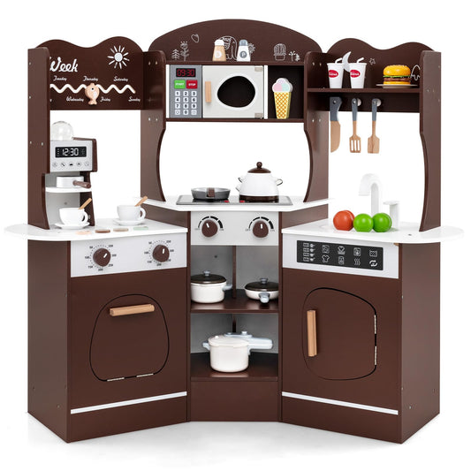 Kids Corner Wooden Play Kitchen with Coffee Machine Slide Microwave