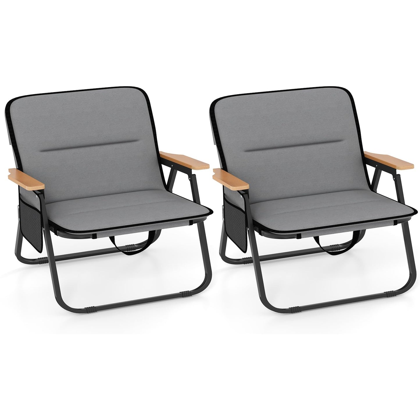 Set of 2 Folding Camping Chairs with Storage Pocket and Armrests