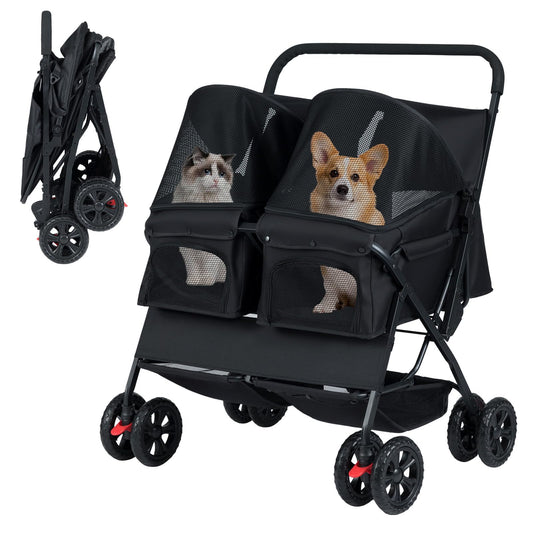 Double Pet Stroller, Foldable Dog Travel Pushchair Cat Buggy