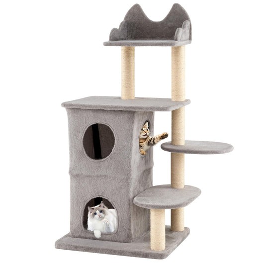 Cat Tree, 123cm Tall Multi-Layer Cats Tower with Plush Perch, 2-story Condo, 3 Hideaway Caves