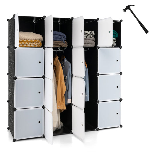 16 Cube Cabinet Storage Organizer with 2 Clothes Hanging Rails