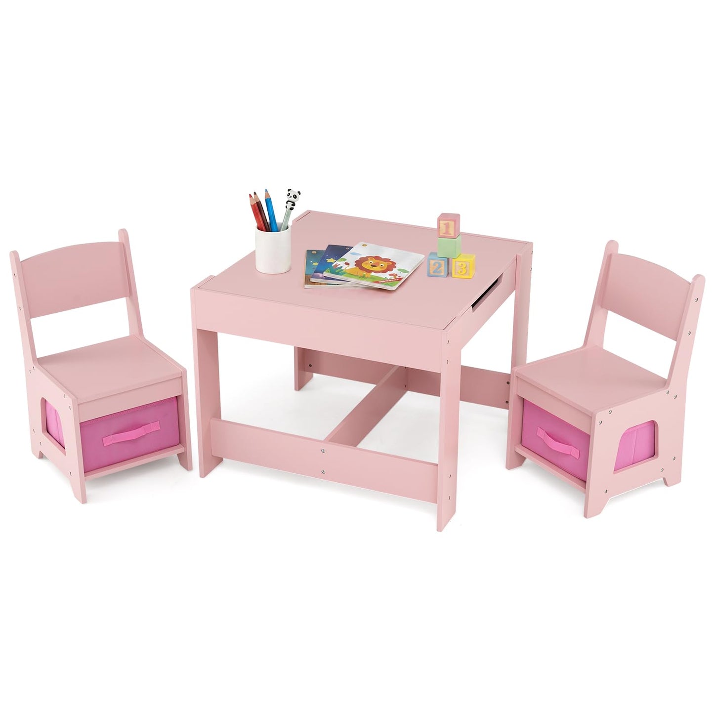 Kids Table Chair Set, Double Side Tabletop Table and 2Pcs Chairs with Storage Box