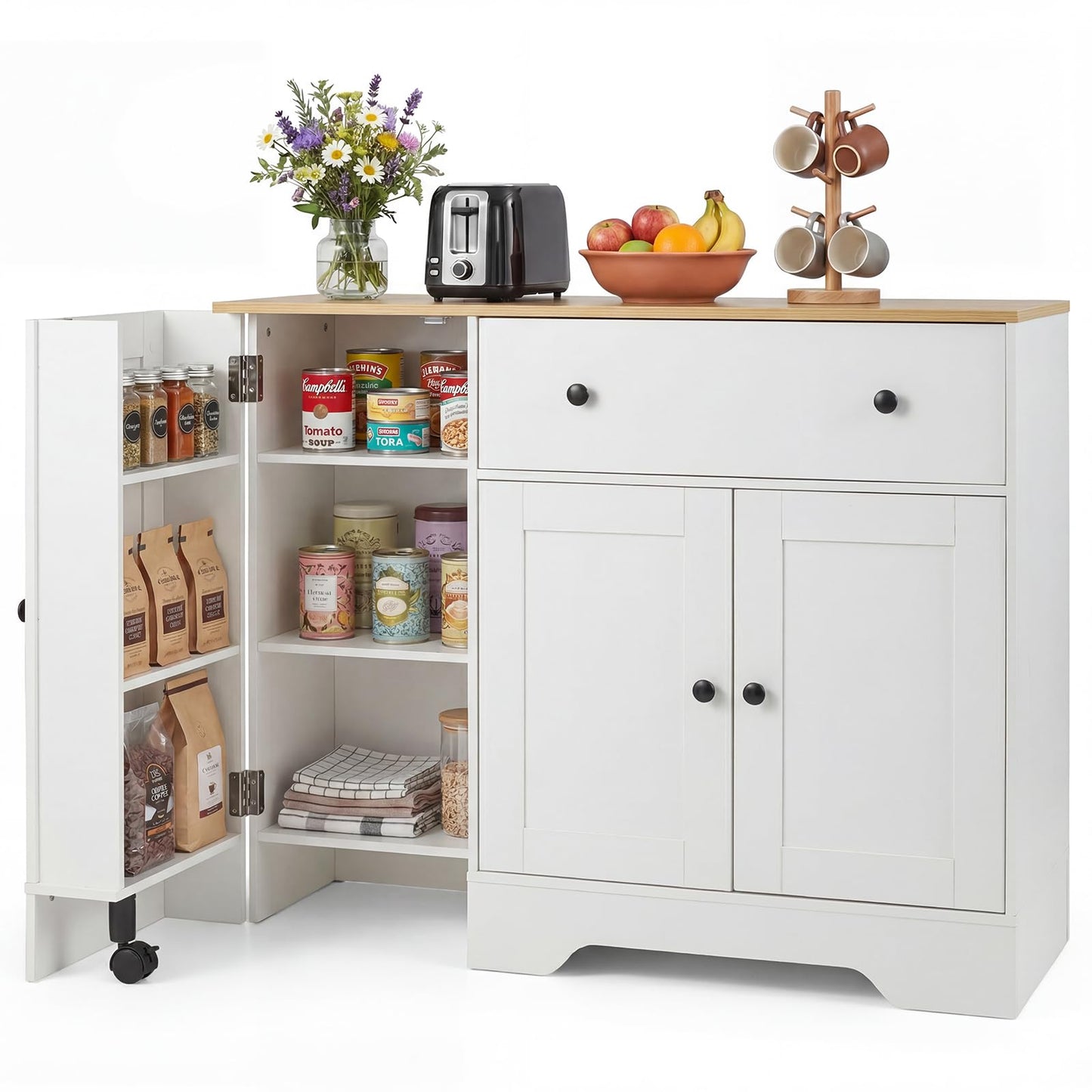Storage Cabinet with 3 Doors, 3-Tier Side Rack & Lockable Wheel