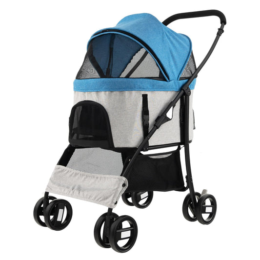 Foldable Pet Stroller with 4-Level Adjustable Canopy and Storage Basket