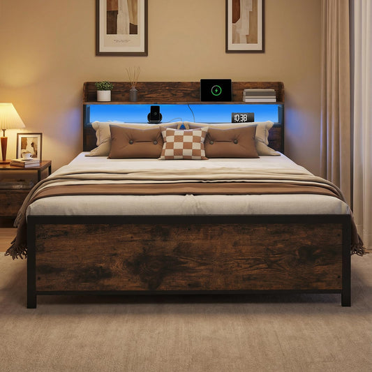 5FT King Size Bed Frame with RGB LED Lights, Charging Station