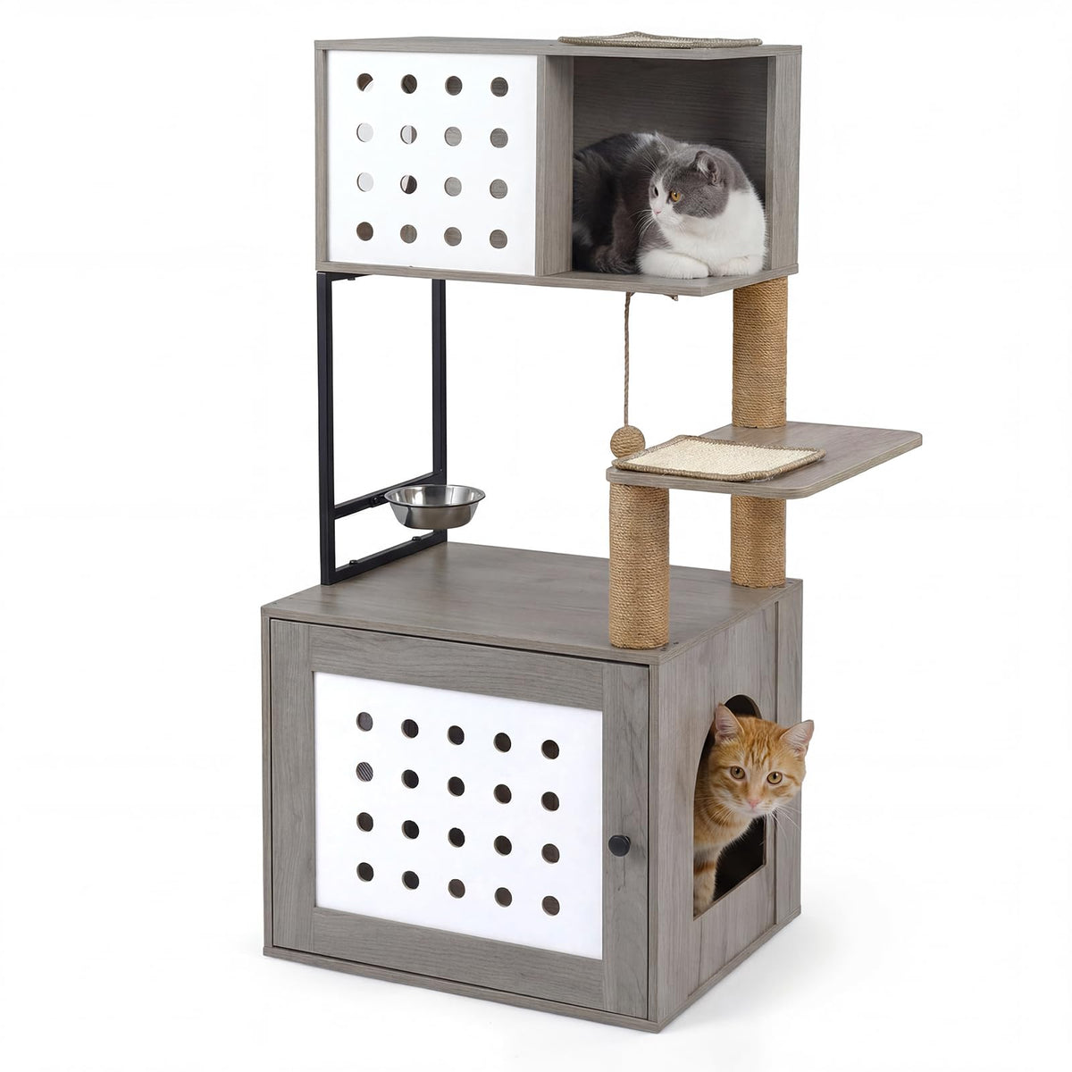 117.5 cm Modern Cat Tower Cabinet with Sisal Scratching Posts and Hanging Ball