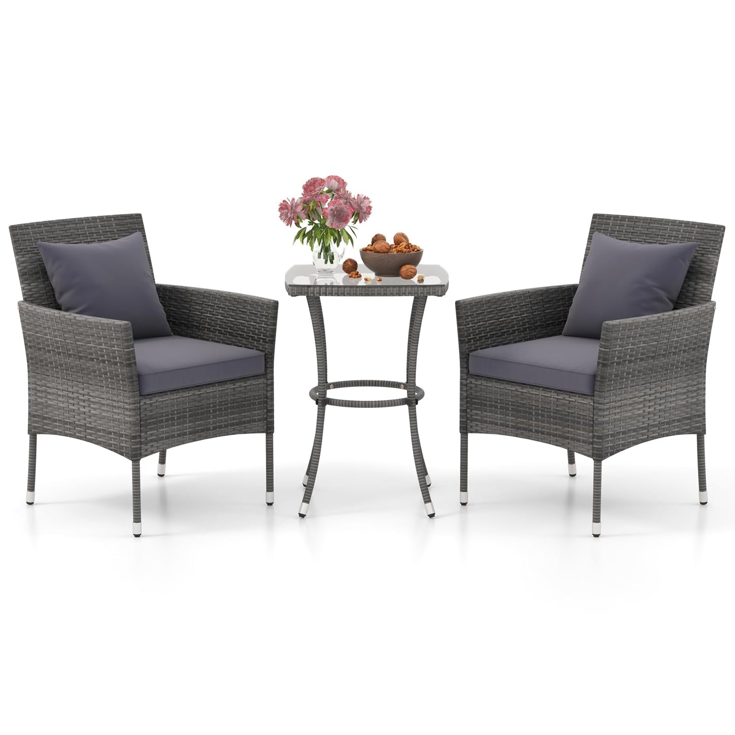 3-Piece PE Rattan Furniture Set with 2 Cushioned Chairs and Tempered Glass Table