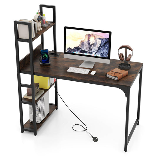 Computer Desk with Power Strip 120 CM Study Writing Desk with Bookshelf