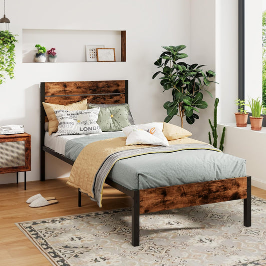 3FT Industrial Metal Platform Bed Frame with Wood Headboard & Underbed Storage