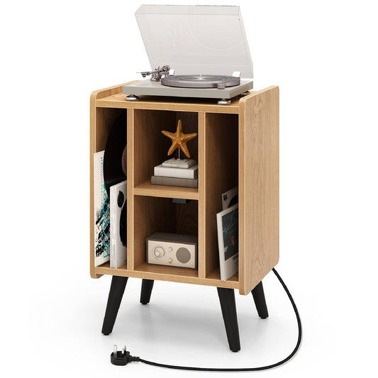 Record Player Stand with 4 Open Shelves Power Outlet USB Charging Port