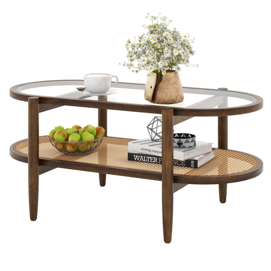 Tempered Glass Cocktail Snack Tea Center Table with PE Rattan Storage Shelf