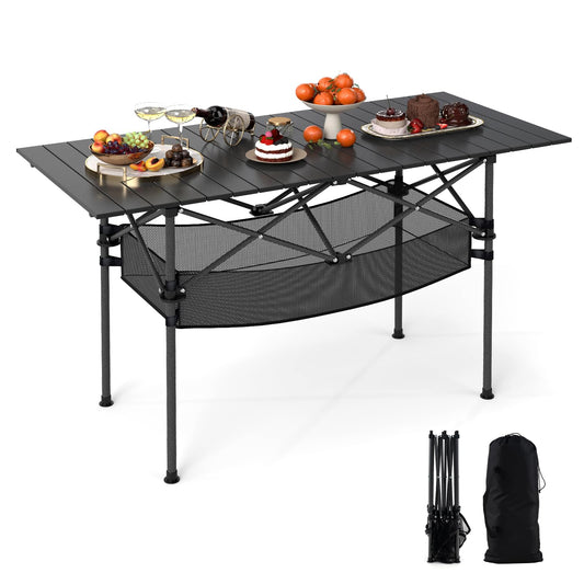 Patio Folding Camping Table Picnic Table with Aluminum Roll-up Tabletop