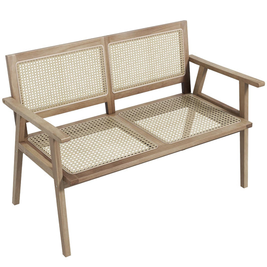 Outdoor Teak Wood Garden Bench with Armrests Rattan Backrest and Seat