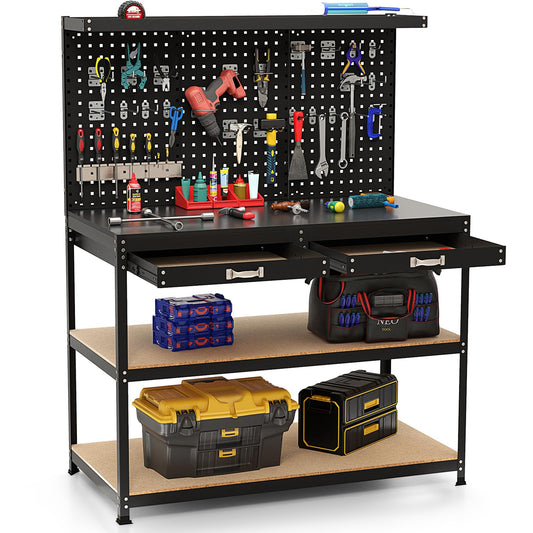 121x61x156cm Metal Workbench with Pegboard with 2 Drawers & 24 Hanging Accessories