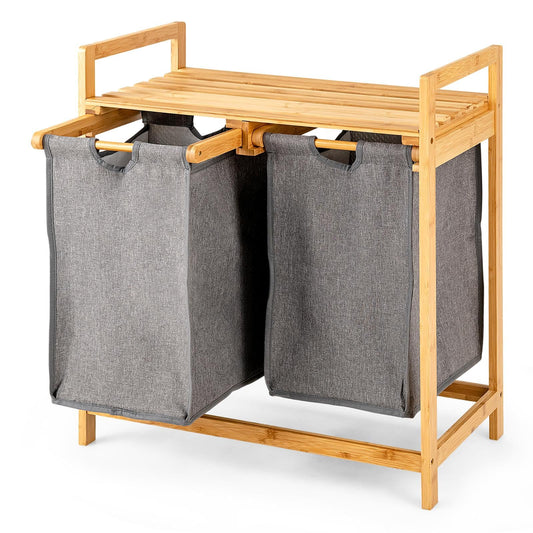 Bamboo Laundry Hamper with Dual Compartments and Removable Sliding Bags