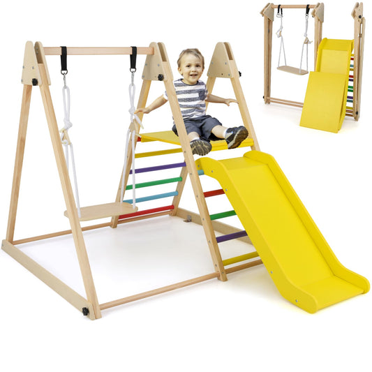 3-in-1 Foldable Indoor Jungle Gym Wooden Climbing Toys with Swing